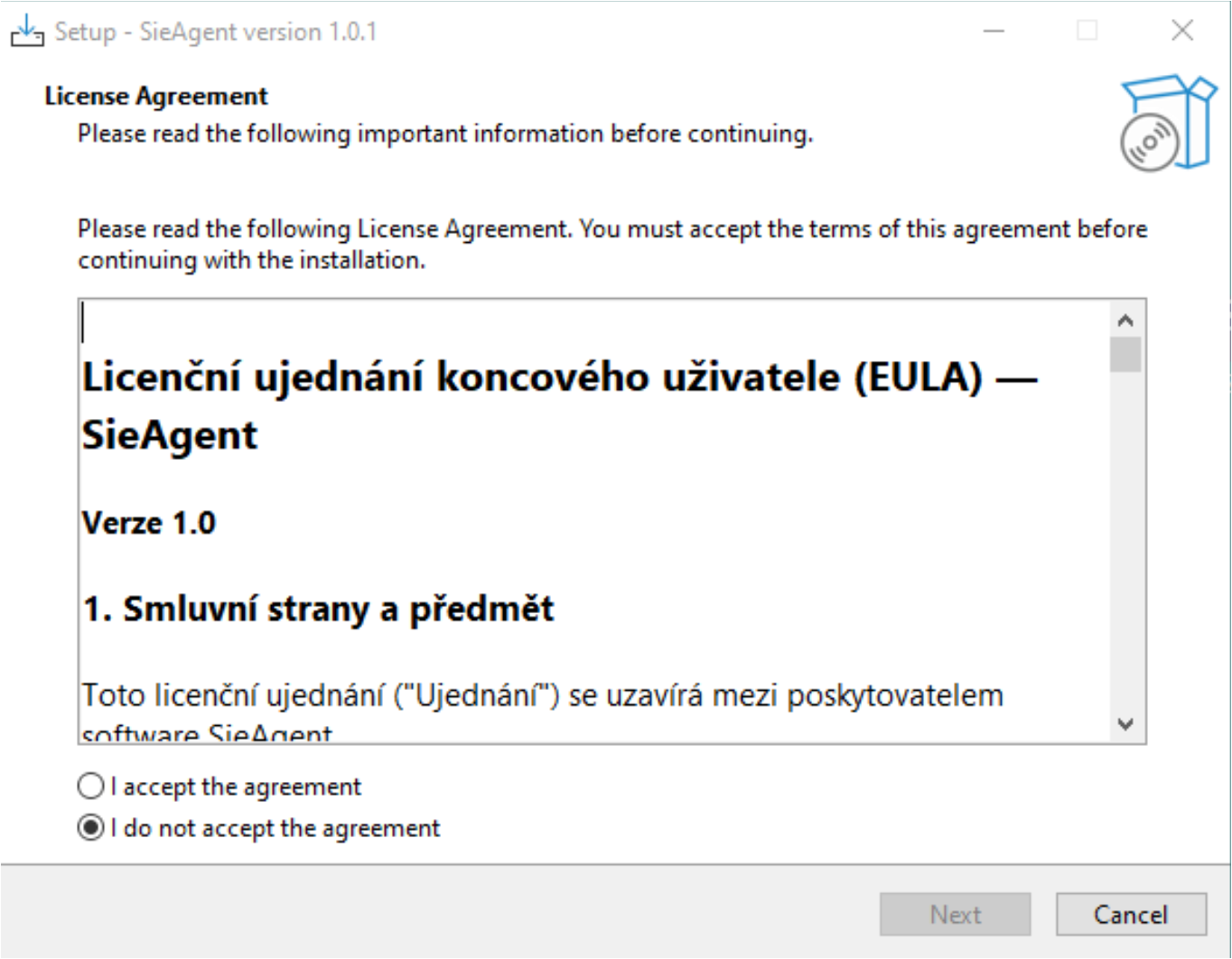 Přijetí licenčního ujednání v instalačním průvodci SieAgentu