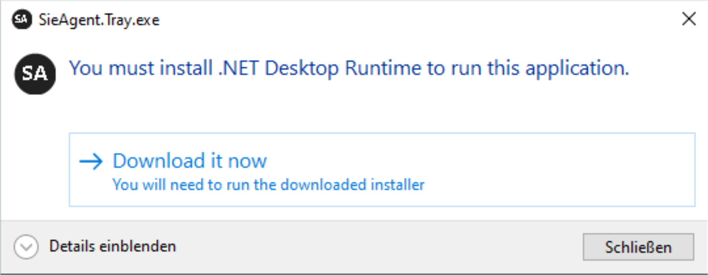 Výzva k doinstalování .NET Desktop Runtime