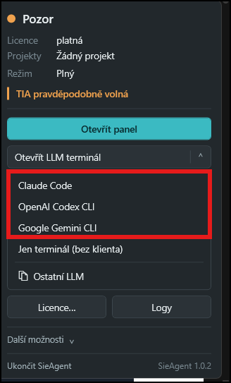 Výběr požadovaného nástroje v panelu SieAgentu